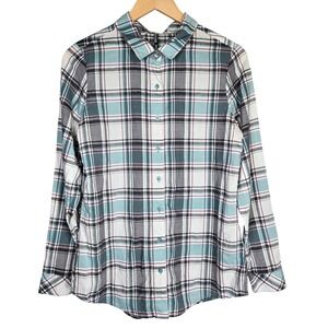 Kuhl Womens Lexi Plaid Tencel Button Up Long Sleeve Shirt Blue Grey White 8030 M